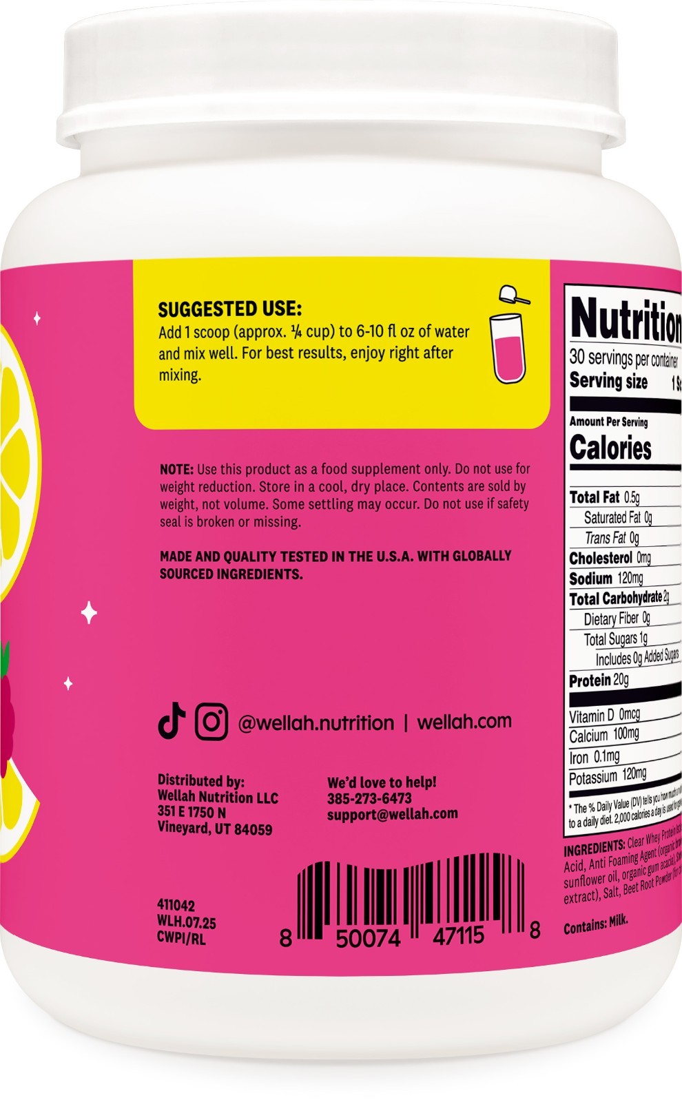 Wellah Clear Whey Protein Isolate Powder (Raspberry Lemonade) 30 Servings