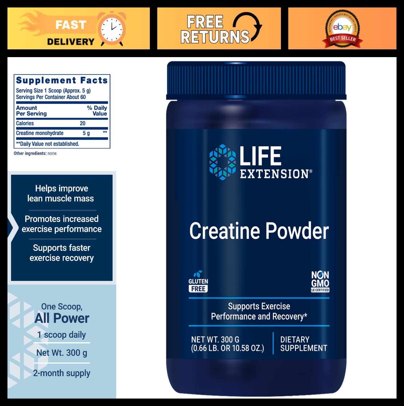 Creatine Powder for Muscle Support & Recovery, Unflavored, Gluten-Free, 300g