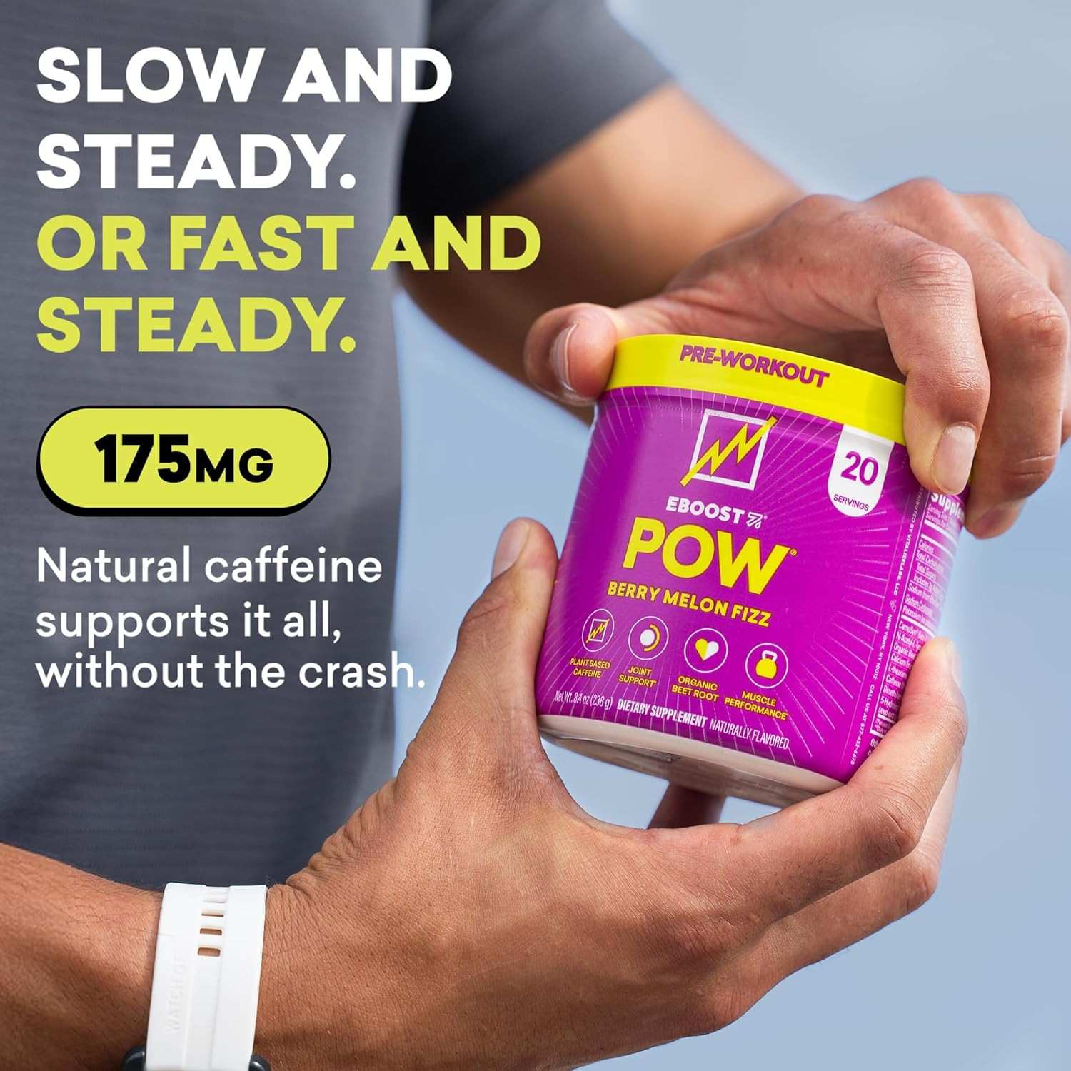 EBOOST POW Natural Pre Workout Powder, Berry Melon Fizz, 20 Servings