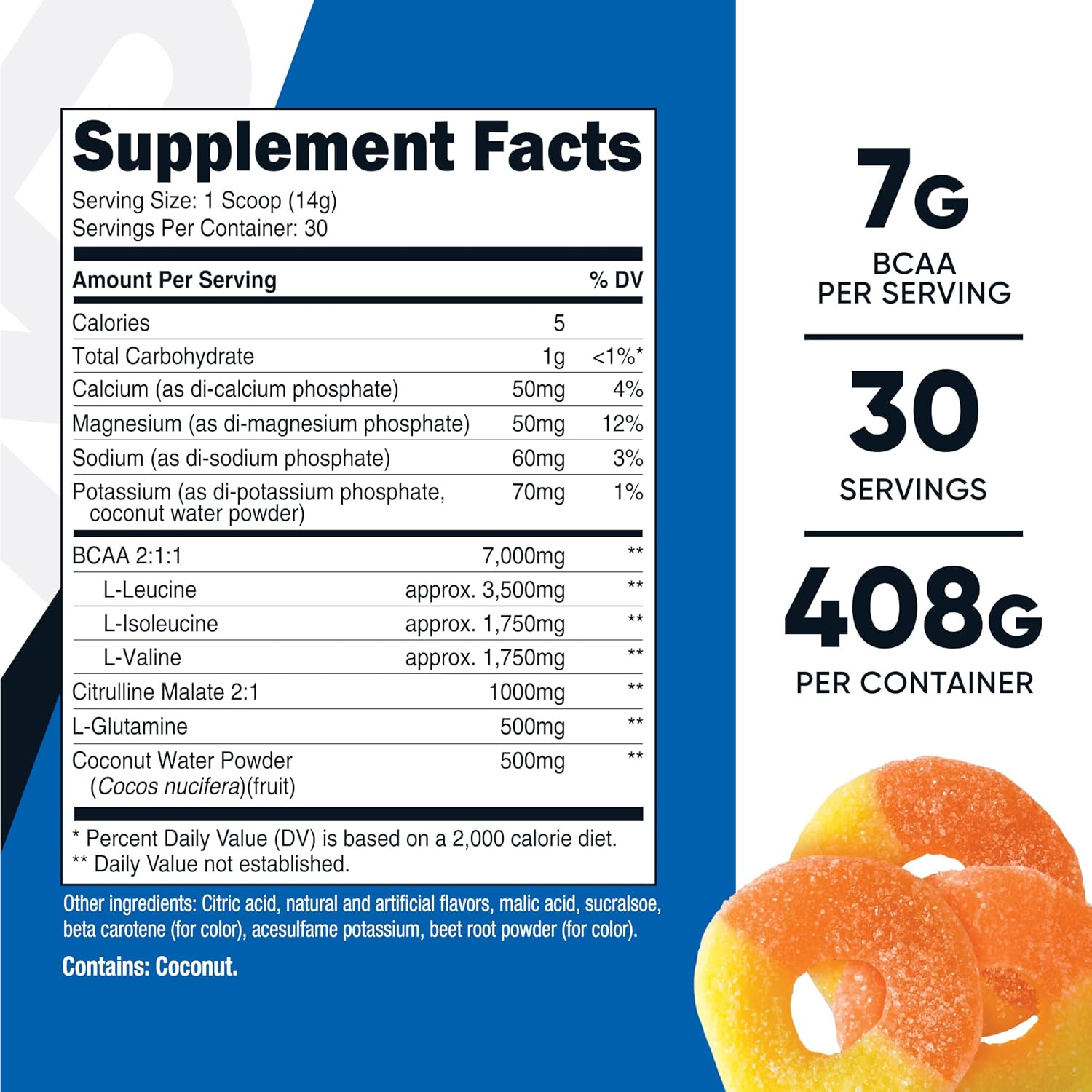 BCAA + Hydration Powder (Peach Rings) 30 Servings – Branched Chain Amino Acids w