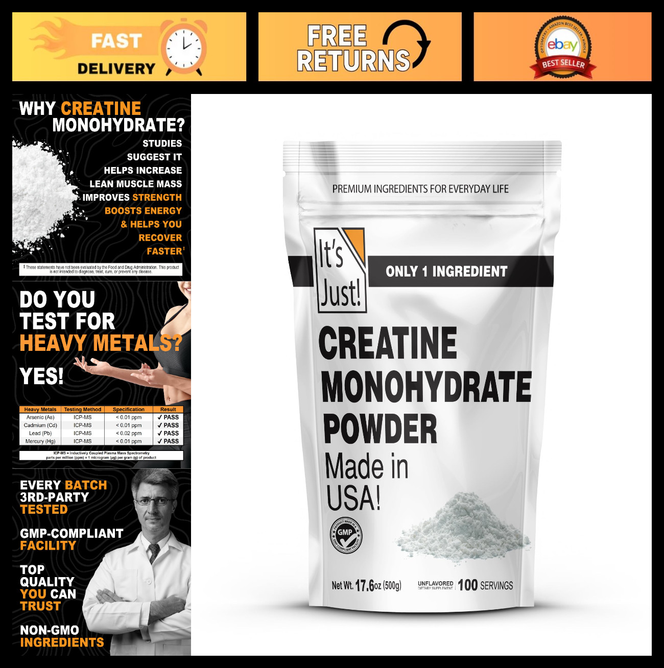 Pure Creatine Monohydrate Powder – 500g, 5g Serving, Lab Tested, Unflavored, No