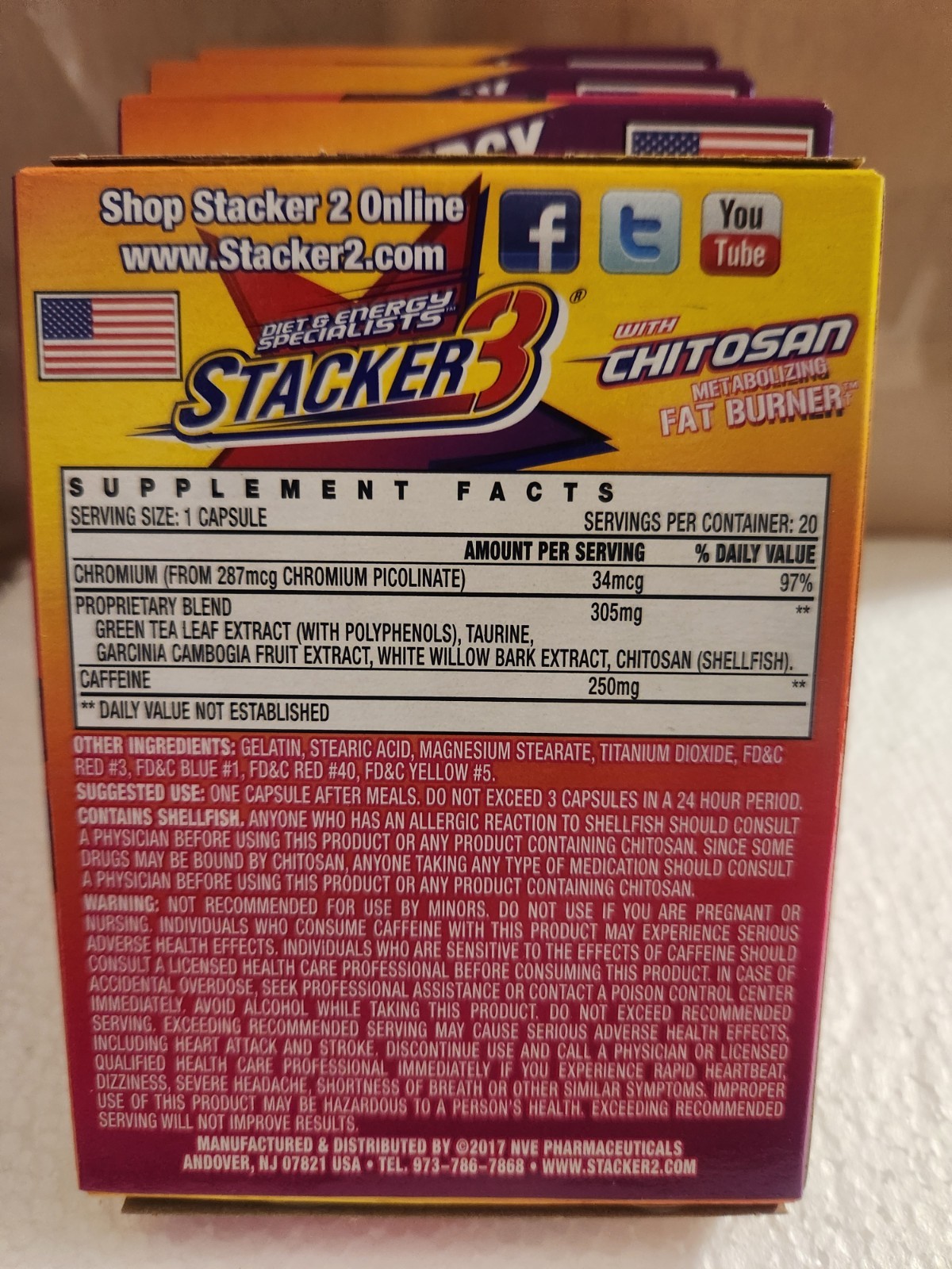 4-Stacker3 Diet & Energy Supplement w/ Chitosan – 20 Capsules – Exp 10/2029