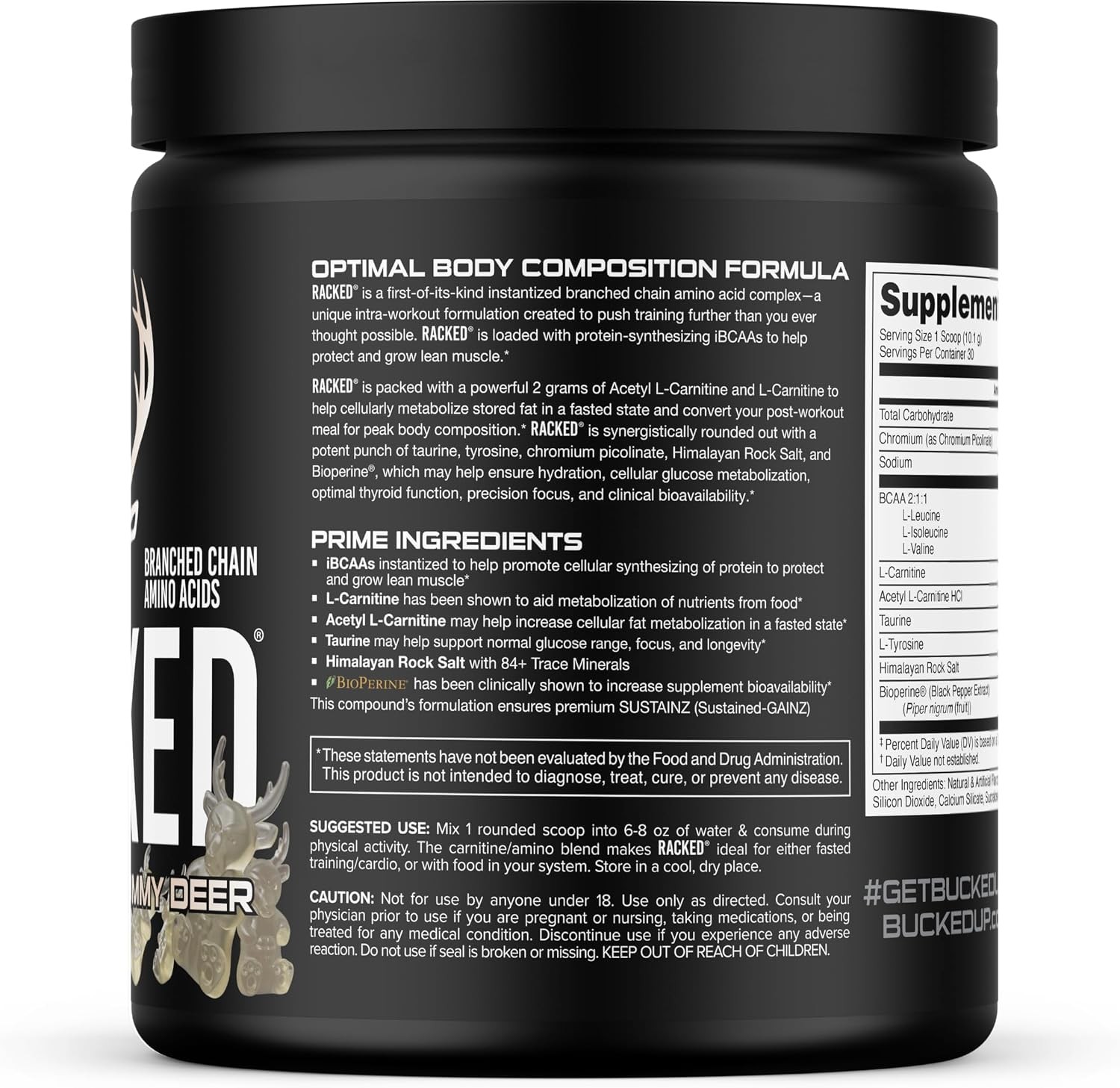 Bucked Up Racked White Gummy Deer BCAA Intra Workout Amino Powder 30 Servings.