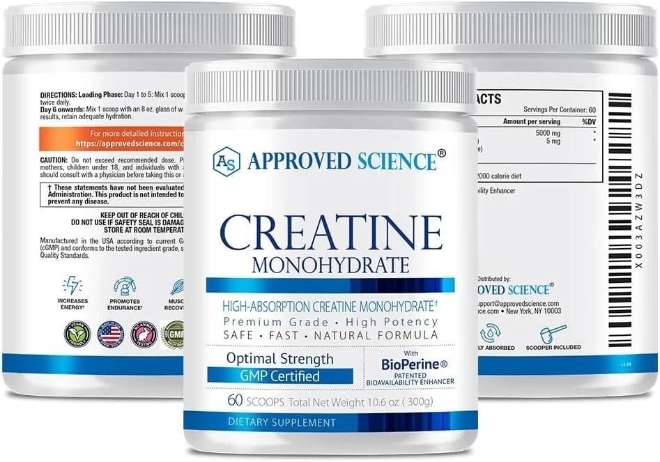 Approved Science Creatine Monohydrate Powder with BioPerine – Supports Lean Musc