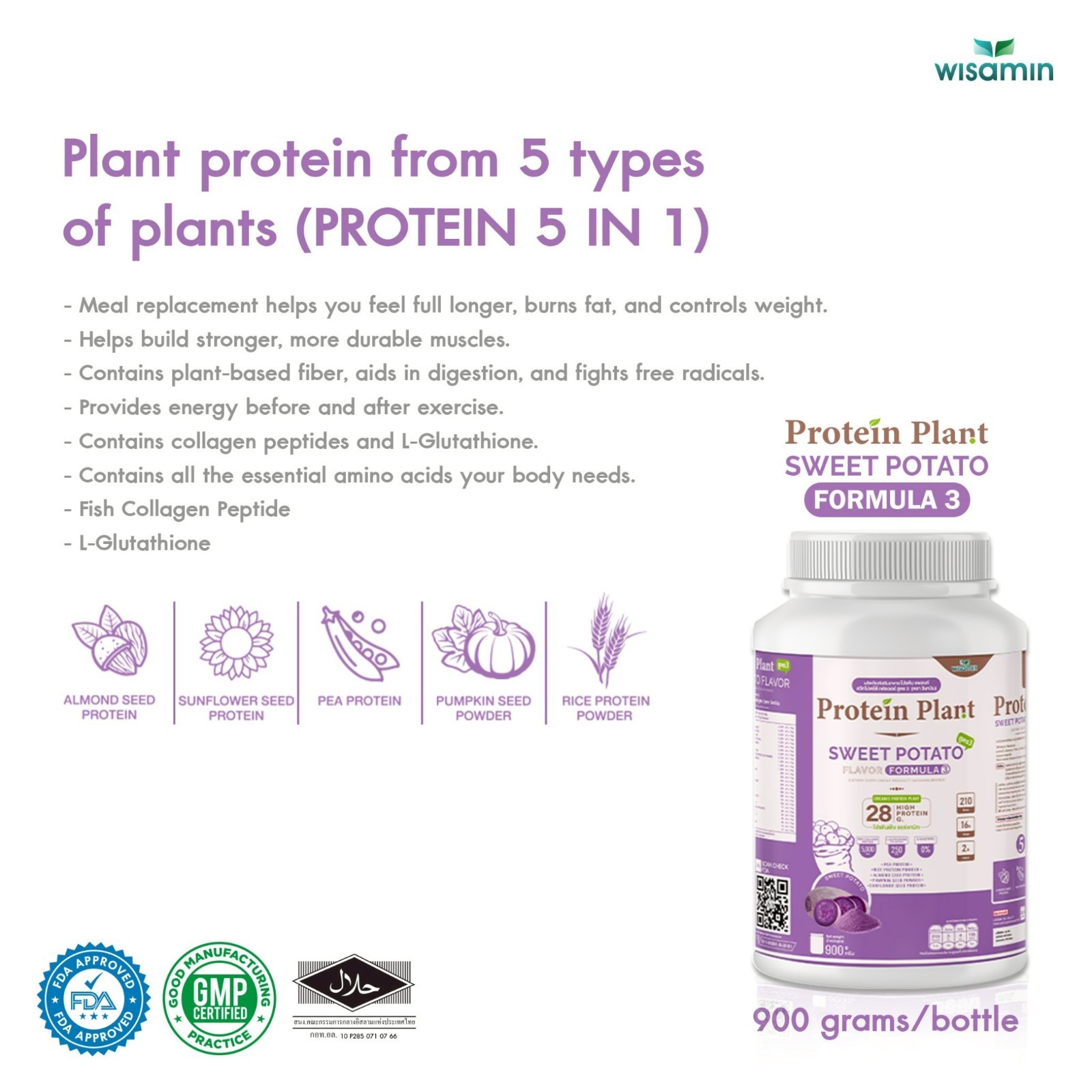 WISAMIN Plant Protein Sweet Potato F3 | 900g 2LB | Organic, Gluten-Free, Non-GMO