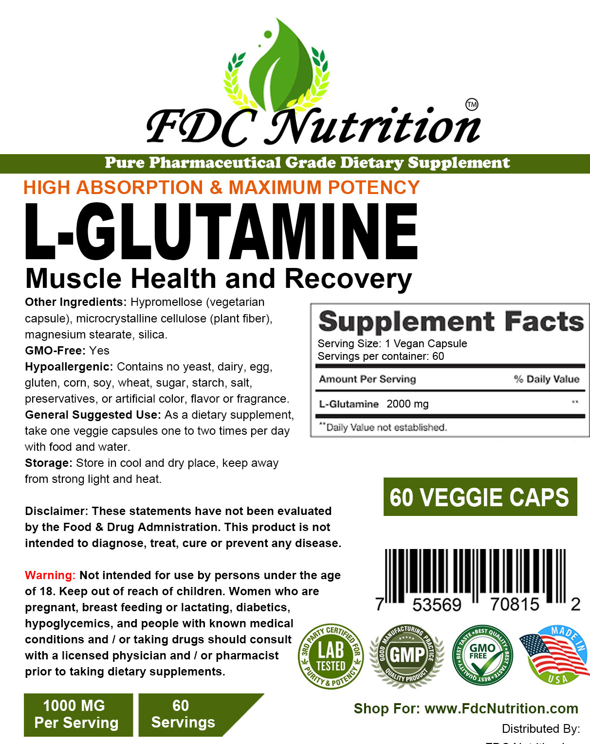 FDC NUTRITION L-Glutamine 2000 mg vegan Capsules All size Made in USA