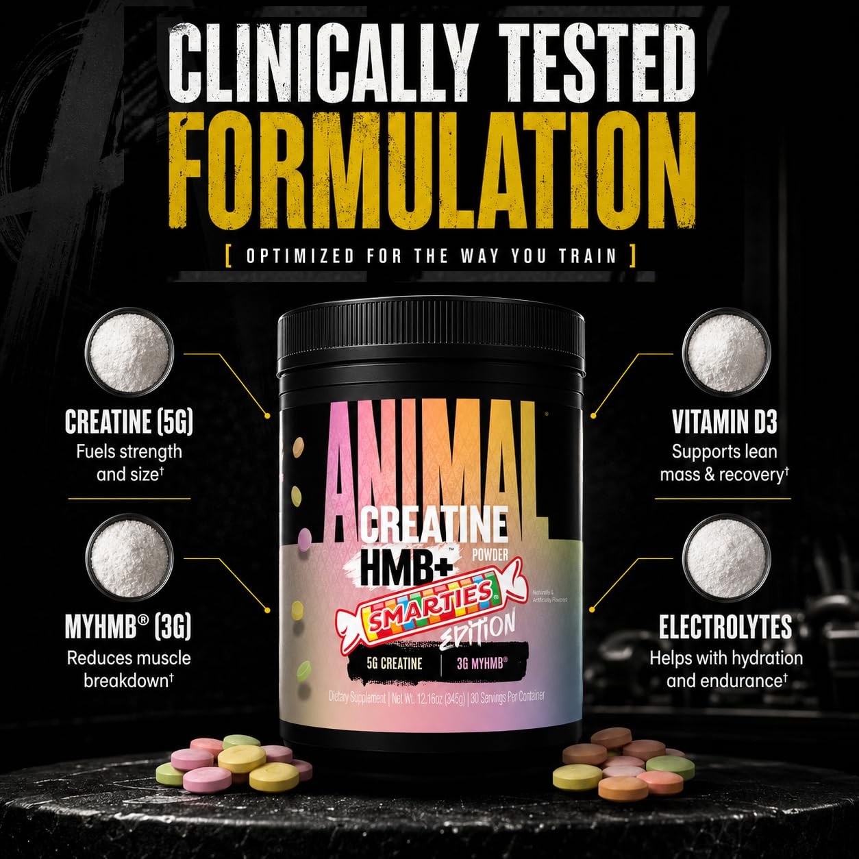 Animal Creatine HMB Powder x Smarties – 3g myHMB + 5g 30 Servings, No Color