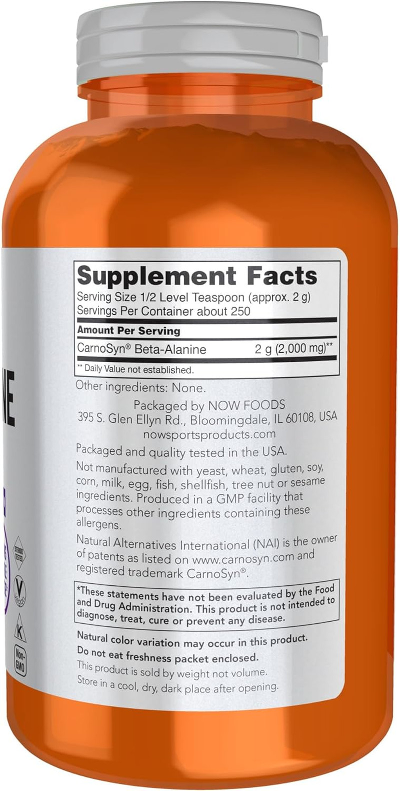 NOW Sports Beta-Alanine Pure Powder 2,000 Mg, Muscular Endurance, 500 Grams