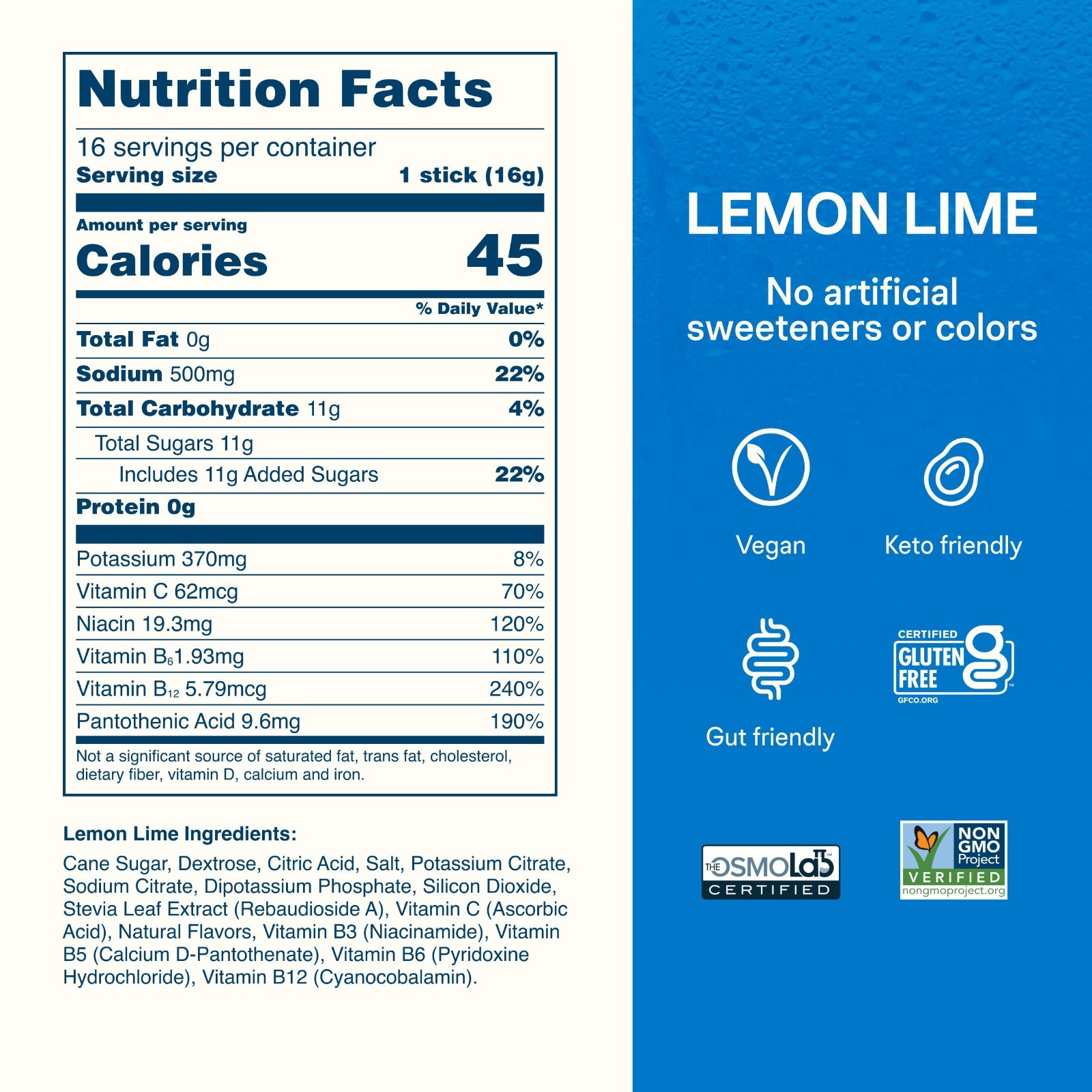 Electrolyte Hydration Powder – Lemon Lime Flavor, 16 Pack, Energy & Recovery