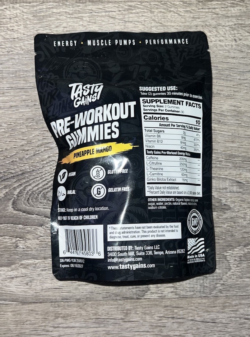 Tasty Gains – Pre-Workout Gummies Energy Focus Boost Caffeine Gummies For Men