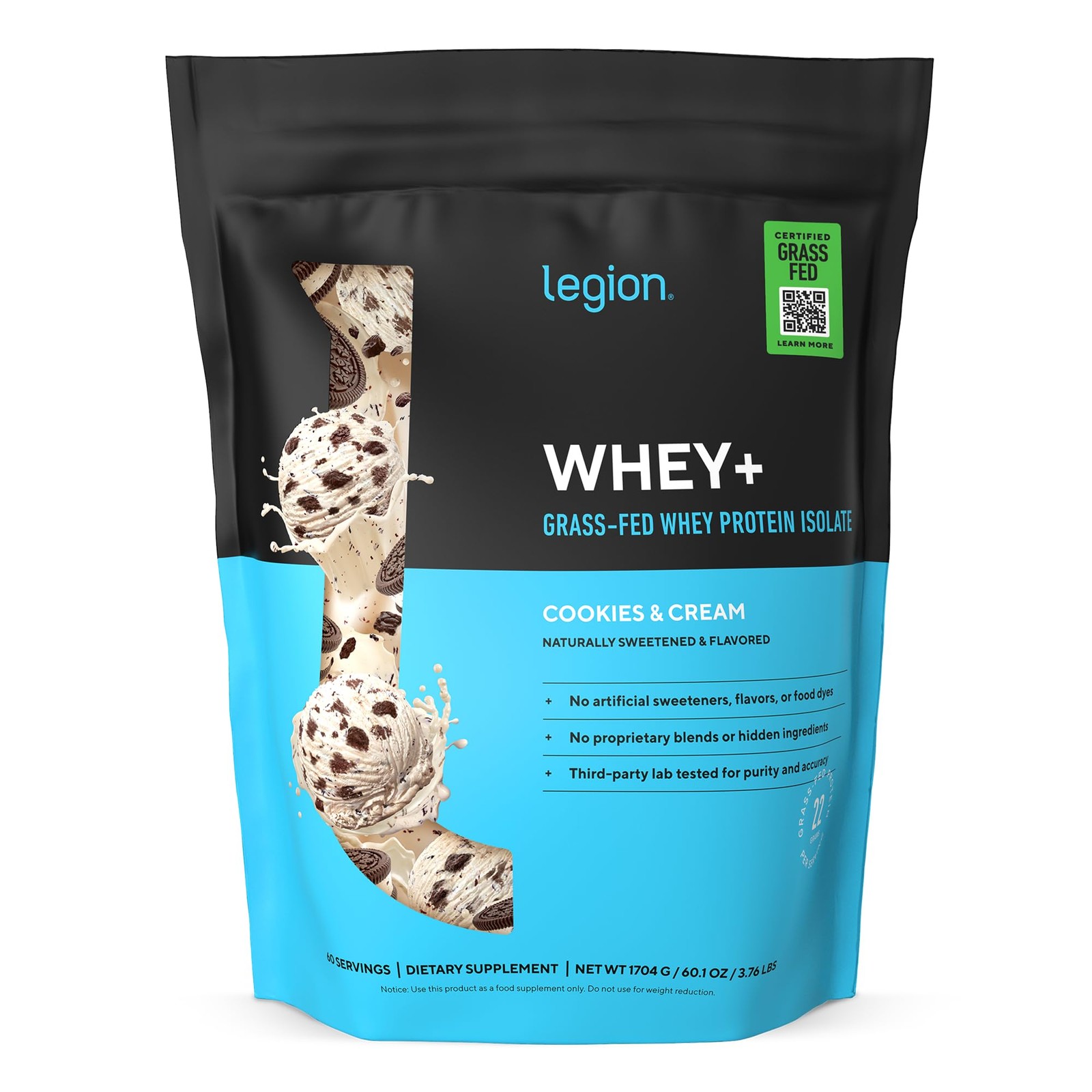 LEGION Whey+ Protein Whey Isolate from Grass Fed Cows Cookies & Cream, 60 Ser…