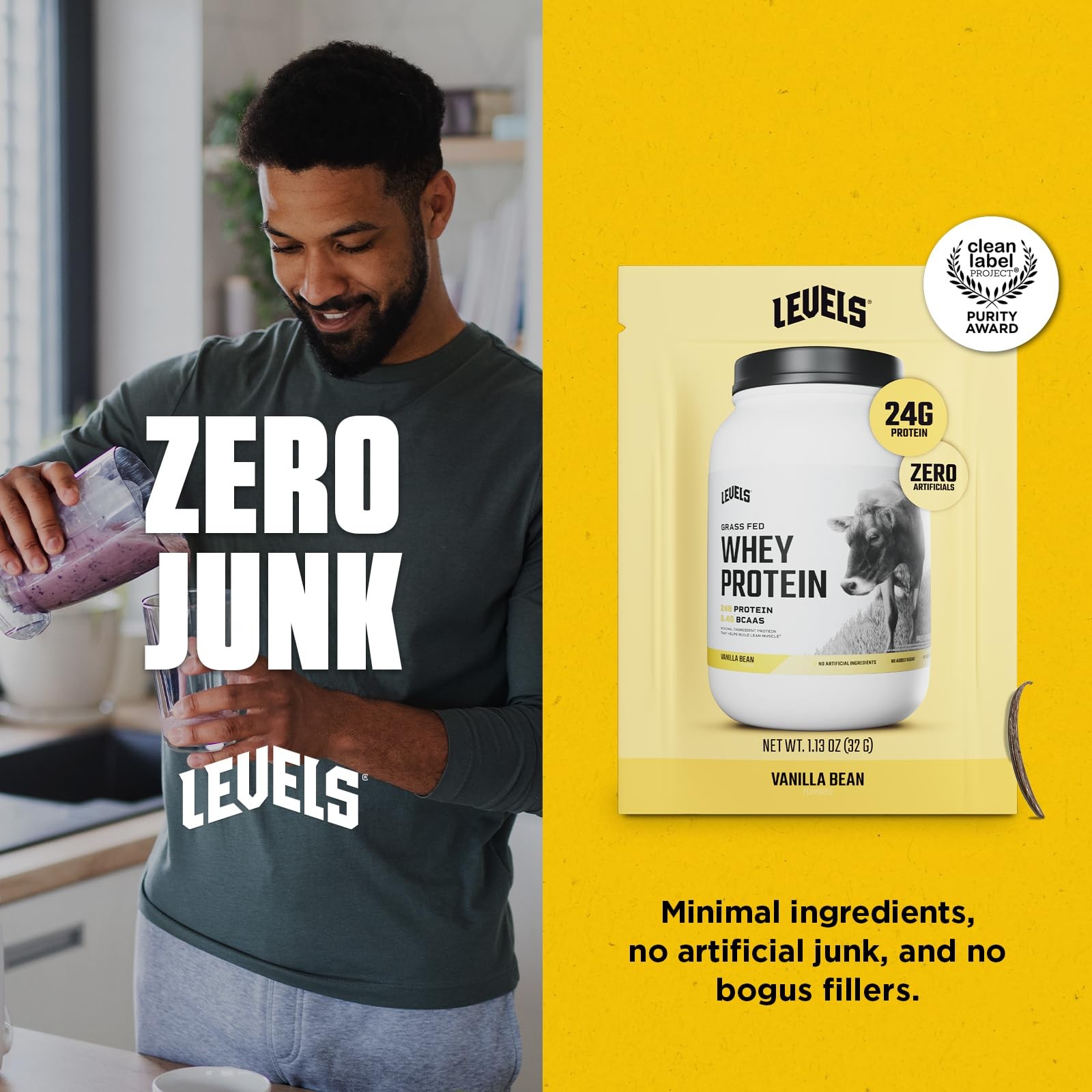 Levels Grass Fed Whey Protein Powder No Artificials 24G of Protein Vanilla Be…