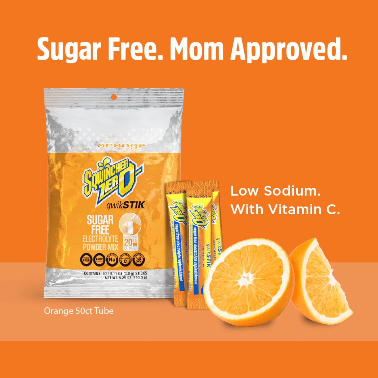 Sqwincher Zero Qwik Stik, Orange, Sugar Free, Low 0.11 Ounce (Pack of 50)