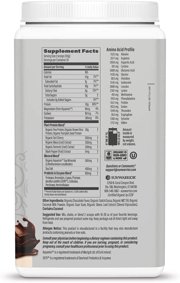 Sunwarrior Pre & Post Workout Active Protein Vegan – Chocolate Protein, 2.2 lbs