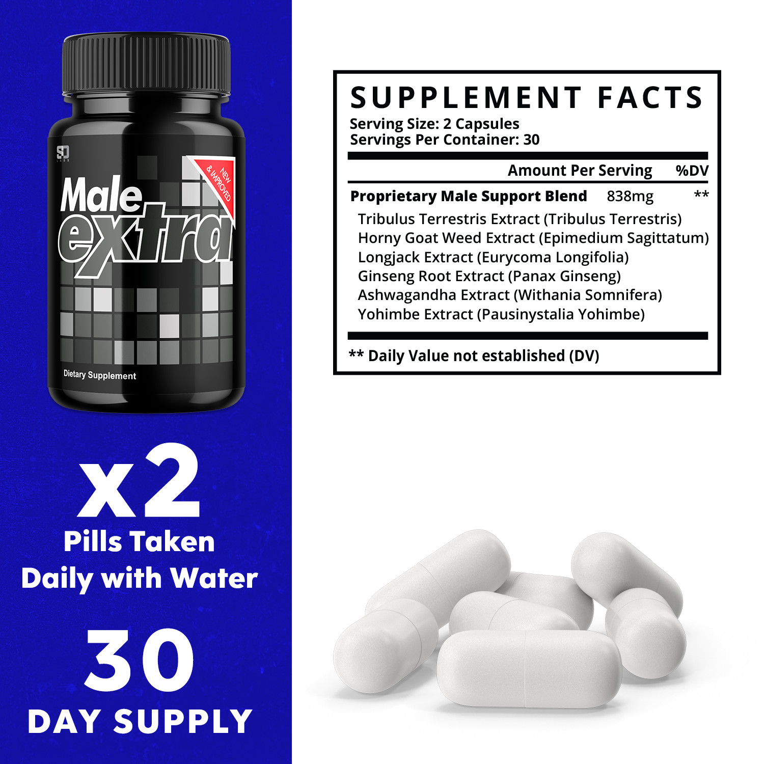Male Extra Performance Supplement, MaleExtra for Enhancement 60 Capsules 1 Pack