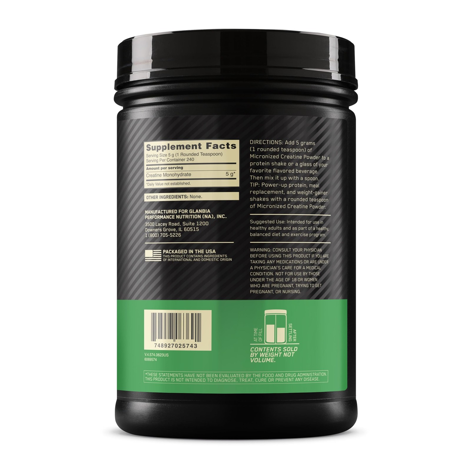 Optimum Nutrition Micronized Creatine Monohydrate Powder Unflavored 240 Servings