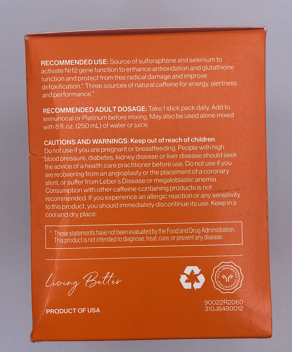 Immunocal Booster Energy PERFORMANCE Nrf2 30 Stick Packs Per Box 2 Boxes