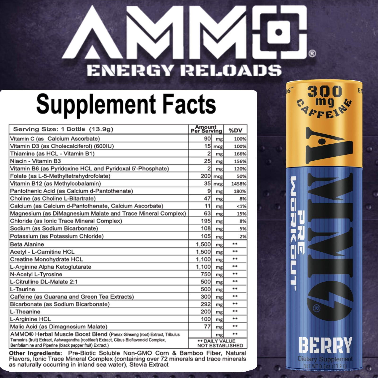 AMMO Energy Reloads Berry Single Shot 12ct pre workout 300mg Caffeine Zero Sugar