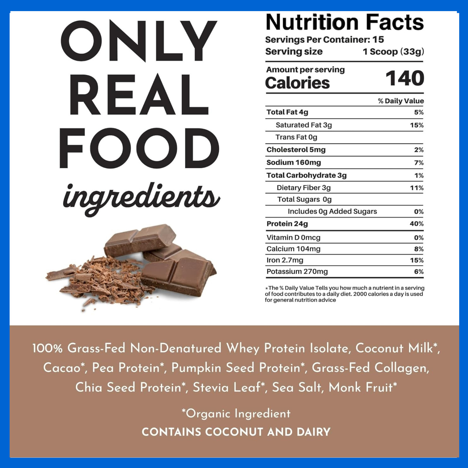 JUST Ingredients Protein Powder Chocolate – Grass-Fed Whey, 15 Servings, 24g