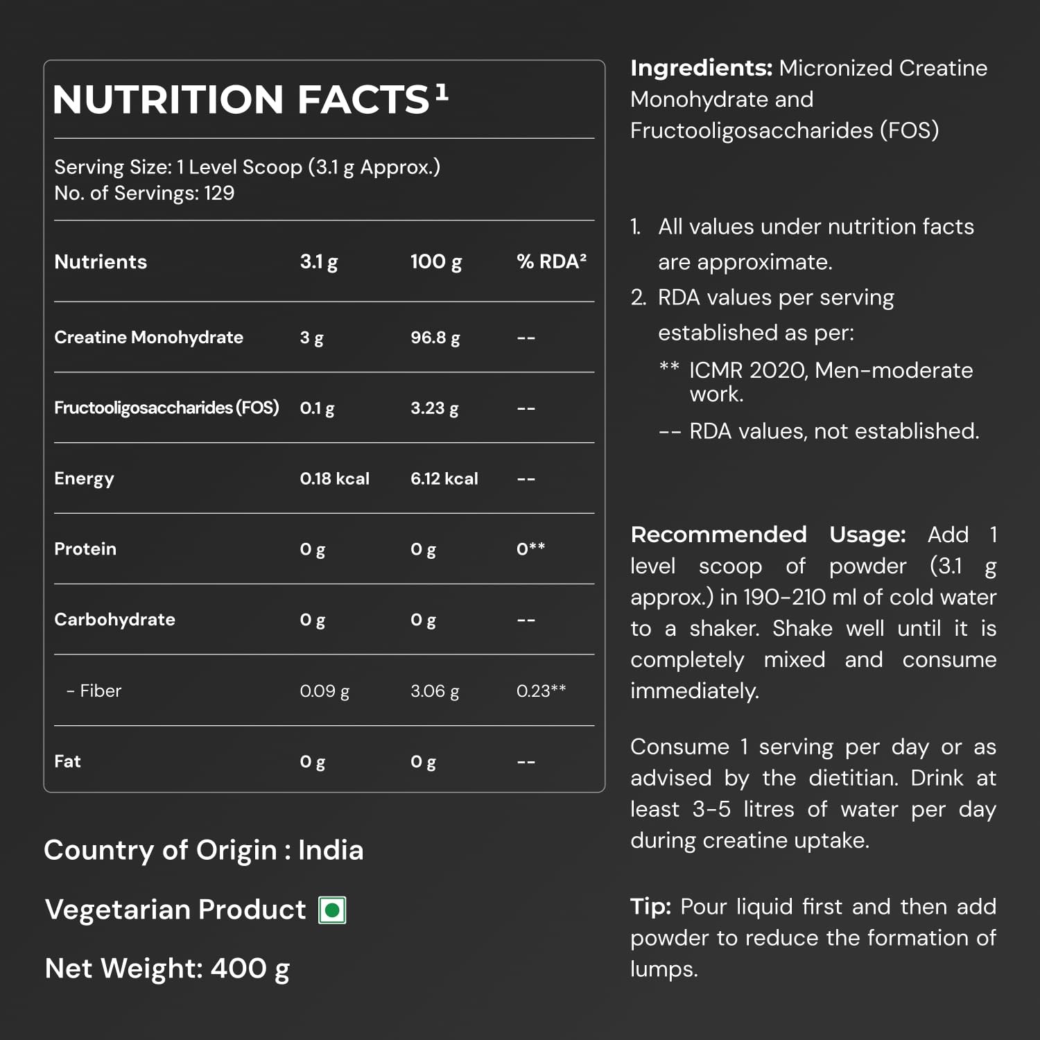Nutrabay Pure Micronised Creatine Monohydrate 400g – 3000mg/Serving, Unflavoured