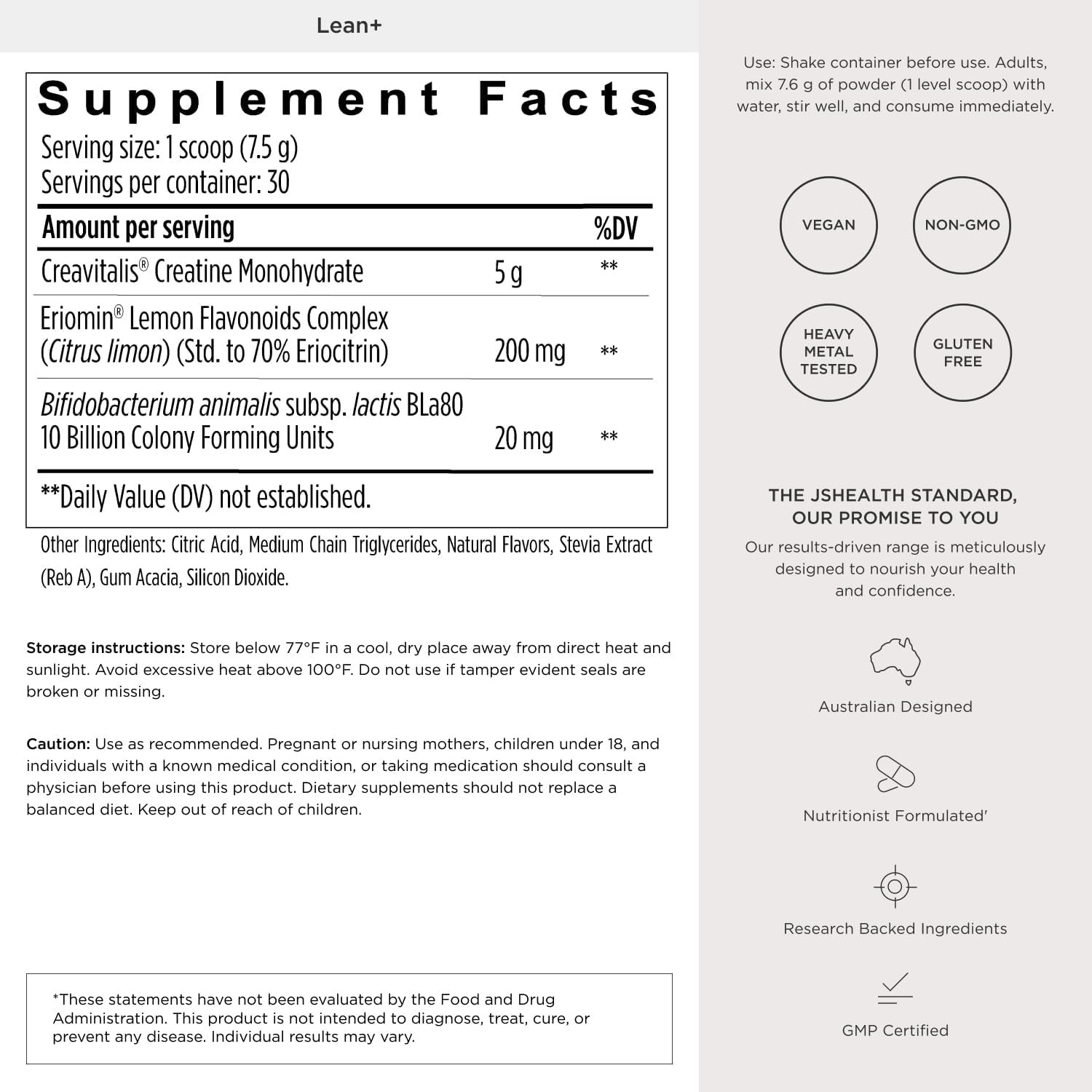 JSHealth Lean+ Creatine Monohydrate Powder for Women – 5g Micronized Creatine