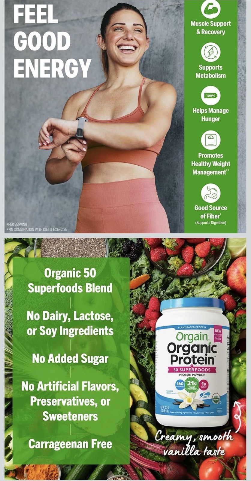 Orgain Organic Plant-Based Protein Powder Vanilla Bean Vegan 2.02 lb 18 Serv