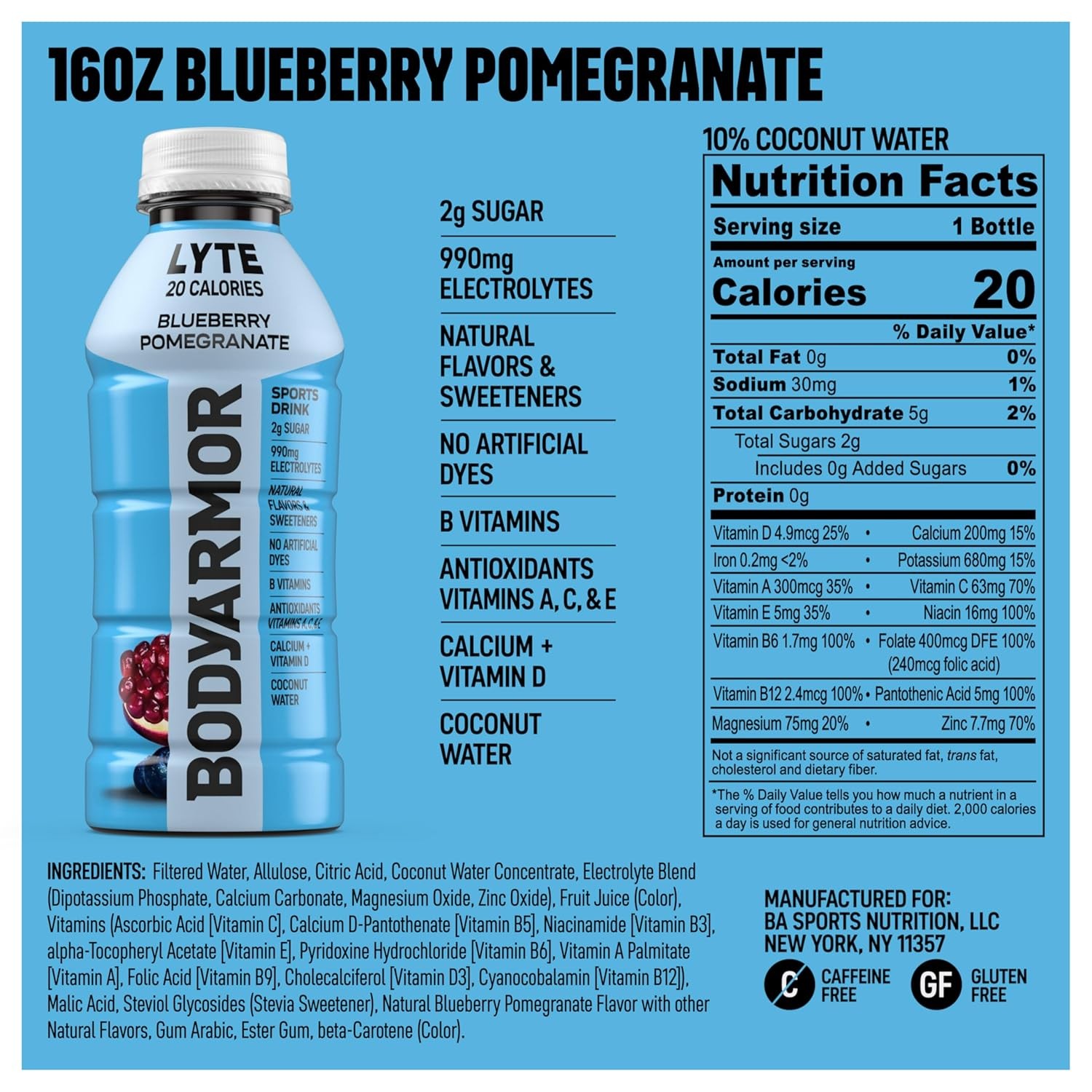 Low Calorie Sports Drink 16oz Pack of 12 Lyte Blueberry Pomegranate Coconut
