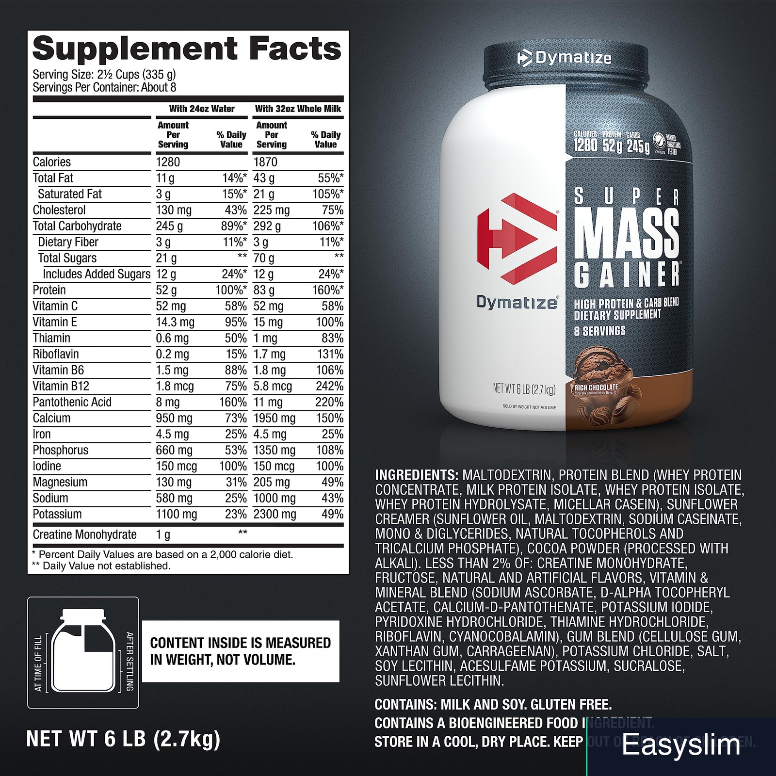 Mass Gainer Protein Powder Rich Chocolate 52g Creatine 6 Pound