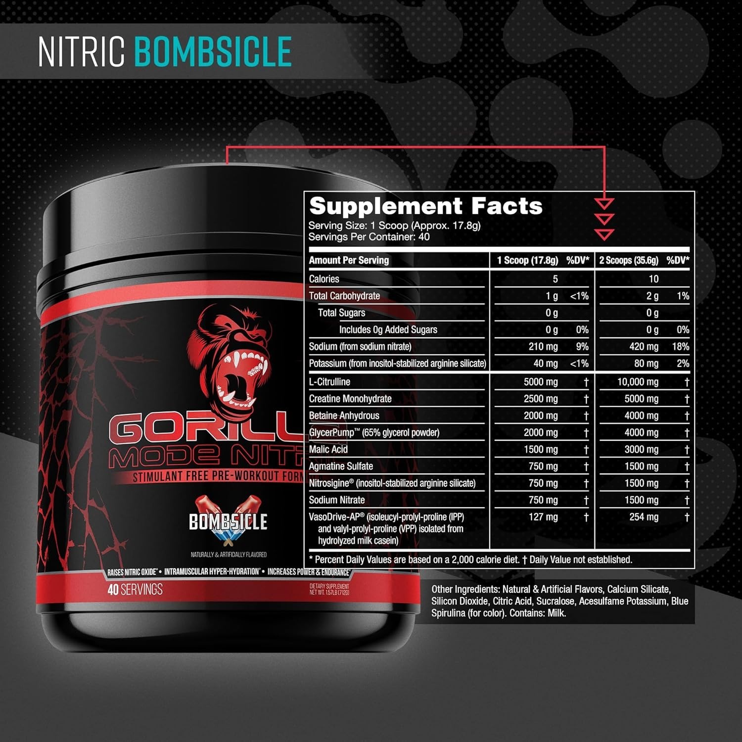 Gorilla Mode Nitric Stim Free Pre-Workout – Bombsicle (40 Servings)