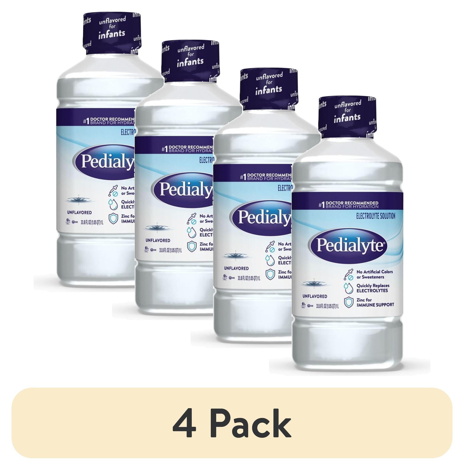 (4 pack) Pedialyte Electrolyte Drink, For Kids & Adults, Unflavored, 1 Liter