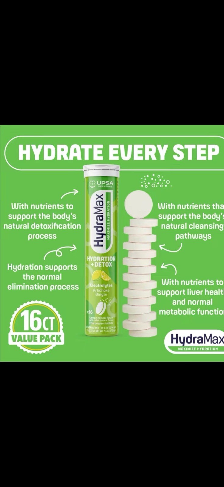 UPSA HydraMax Hydration + Detox Lemon Effervescent Tablets, 16 Ct
