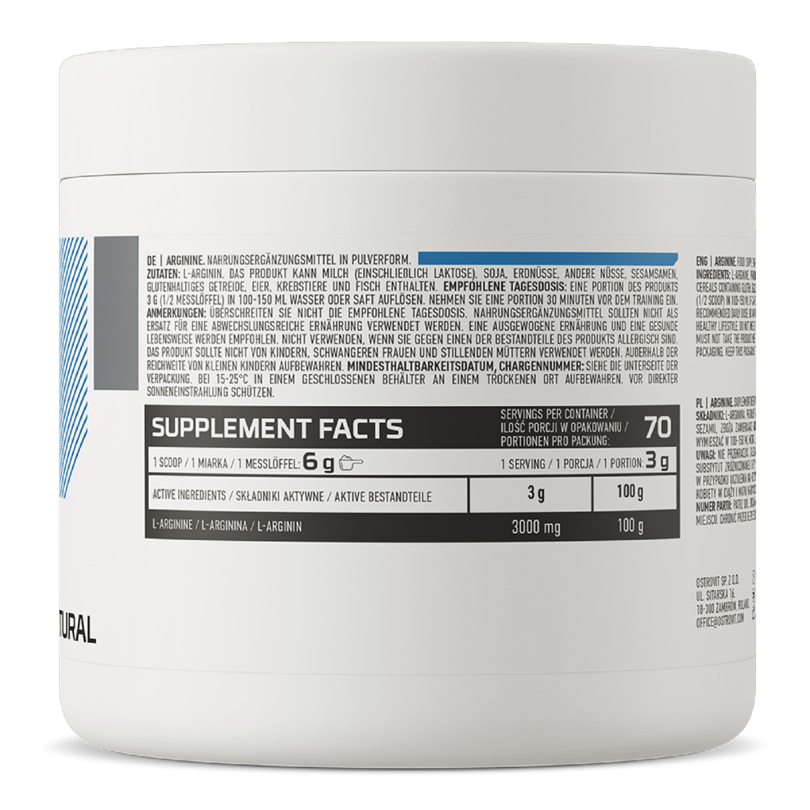 OSTROVIT ARGININE 210g – 42 SERV! – Nitric Oxide NO Booster Muscle Growth & Pump