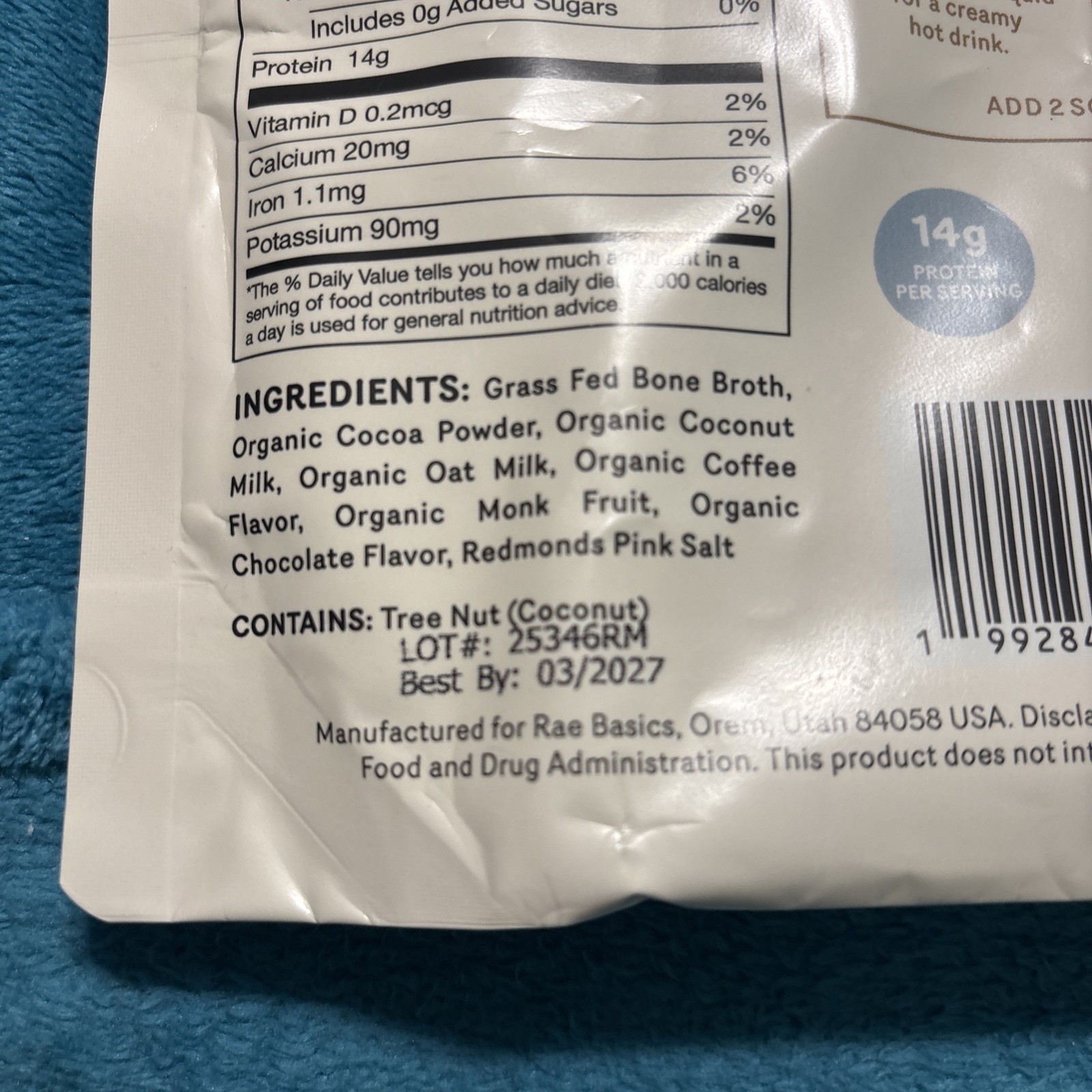 Rae Basics, Bone Broth Protein Mix, Mocha, 14g Protein per, 12 Servings