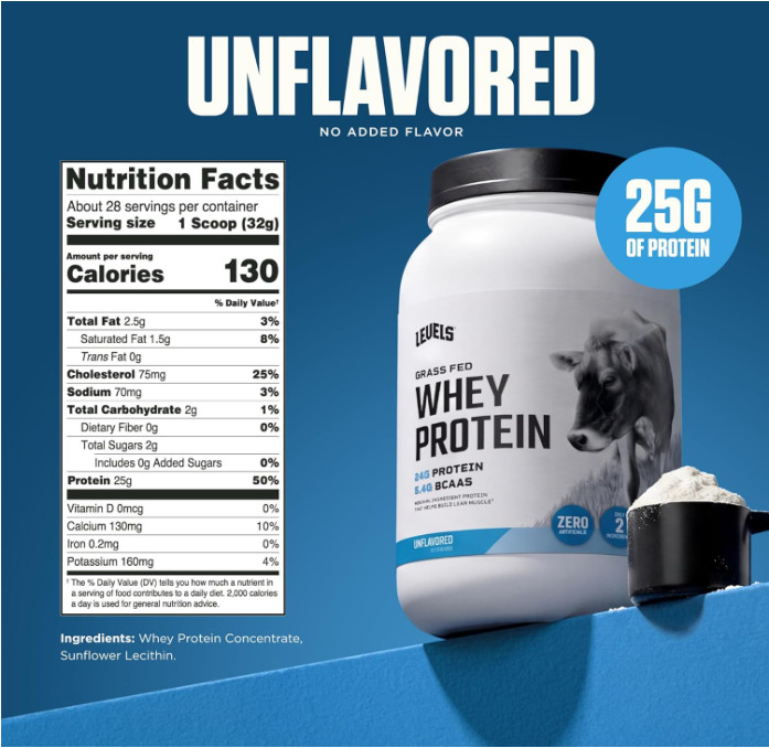 Levels Grass-Fed Whey Protein Powder, Unflavored, 2 lb, 25g Protein