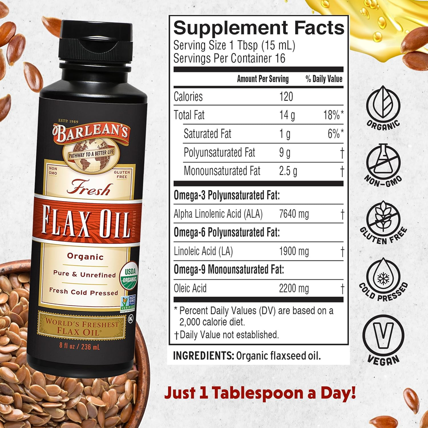 Organic Flaxseed Oil Liquid from Fresh Cold Pressed Flax Seeds, 7,640Mg ALA Omeg