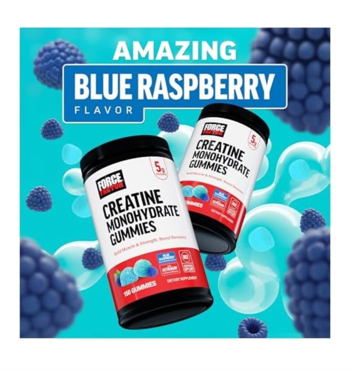 Force Factor Creatine Monohydrate Gummies Blue Raspberry 150ct 5g NSF Sport