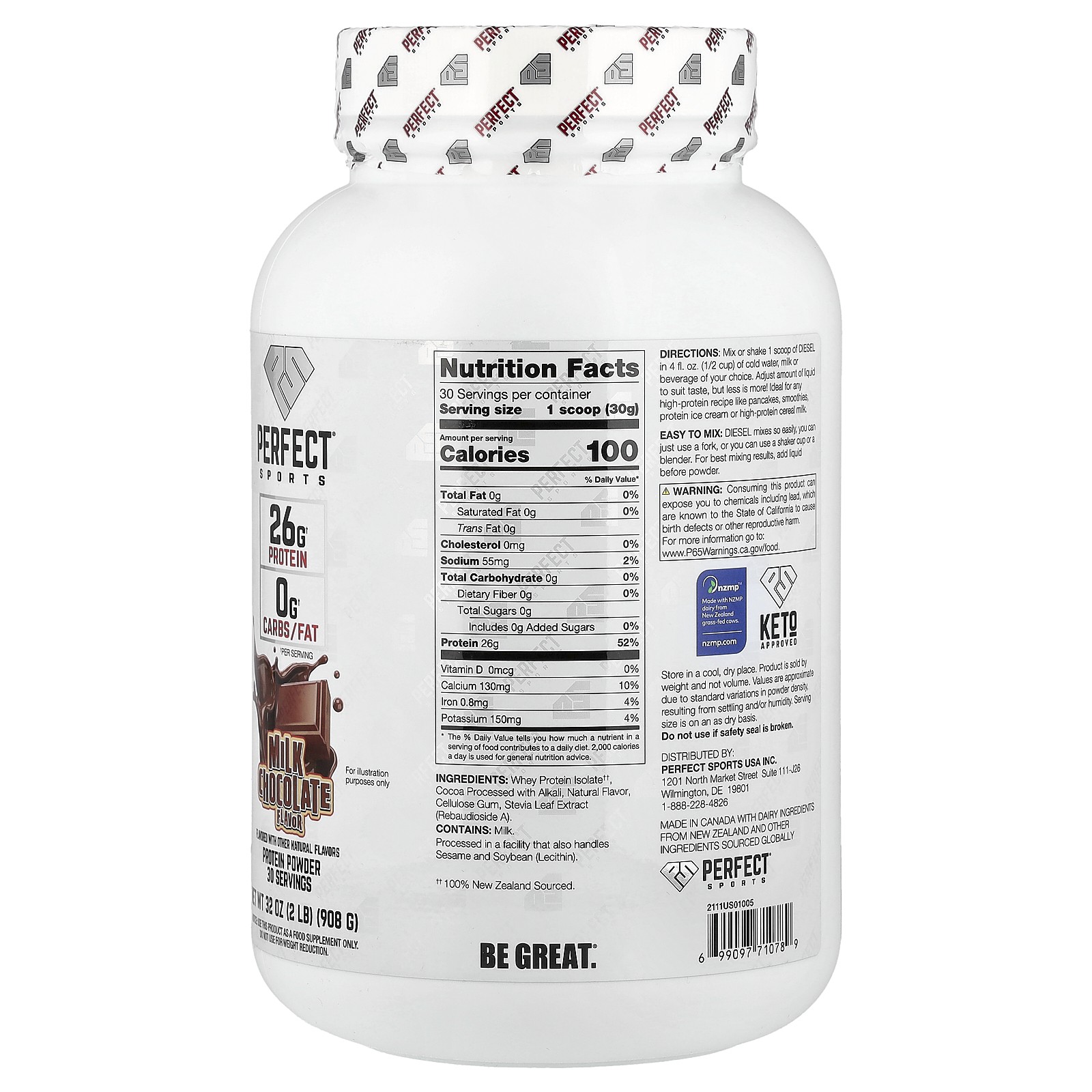 Diesel, New Zealand Whey Isolate, Milk Chocolate, 2 lbs (908 g)