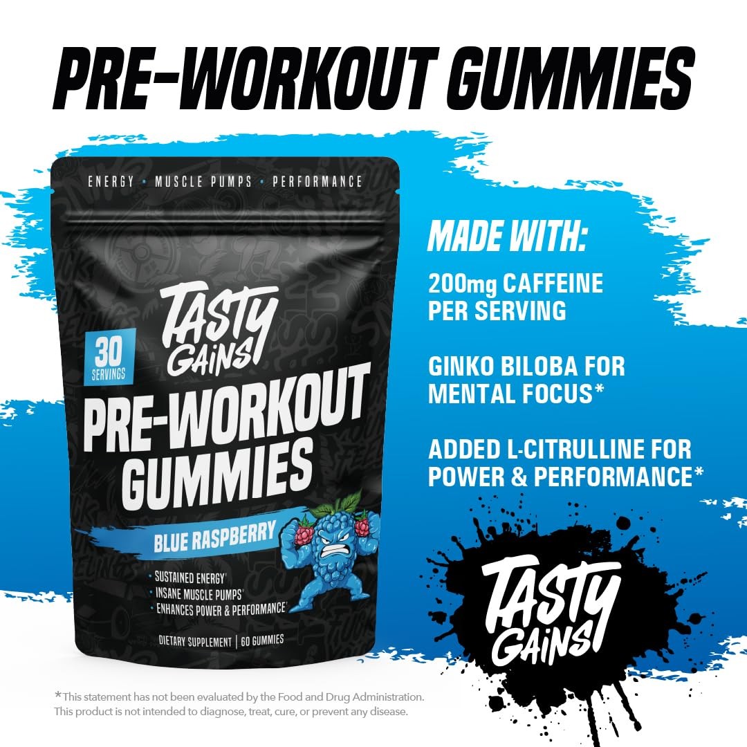 Tasty Gains – Pre-Workout Gummies Energy Focus Boost Caffeine Gummies For Men