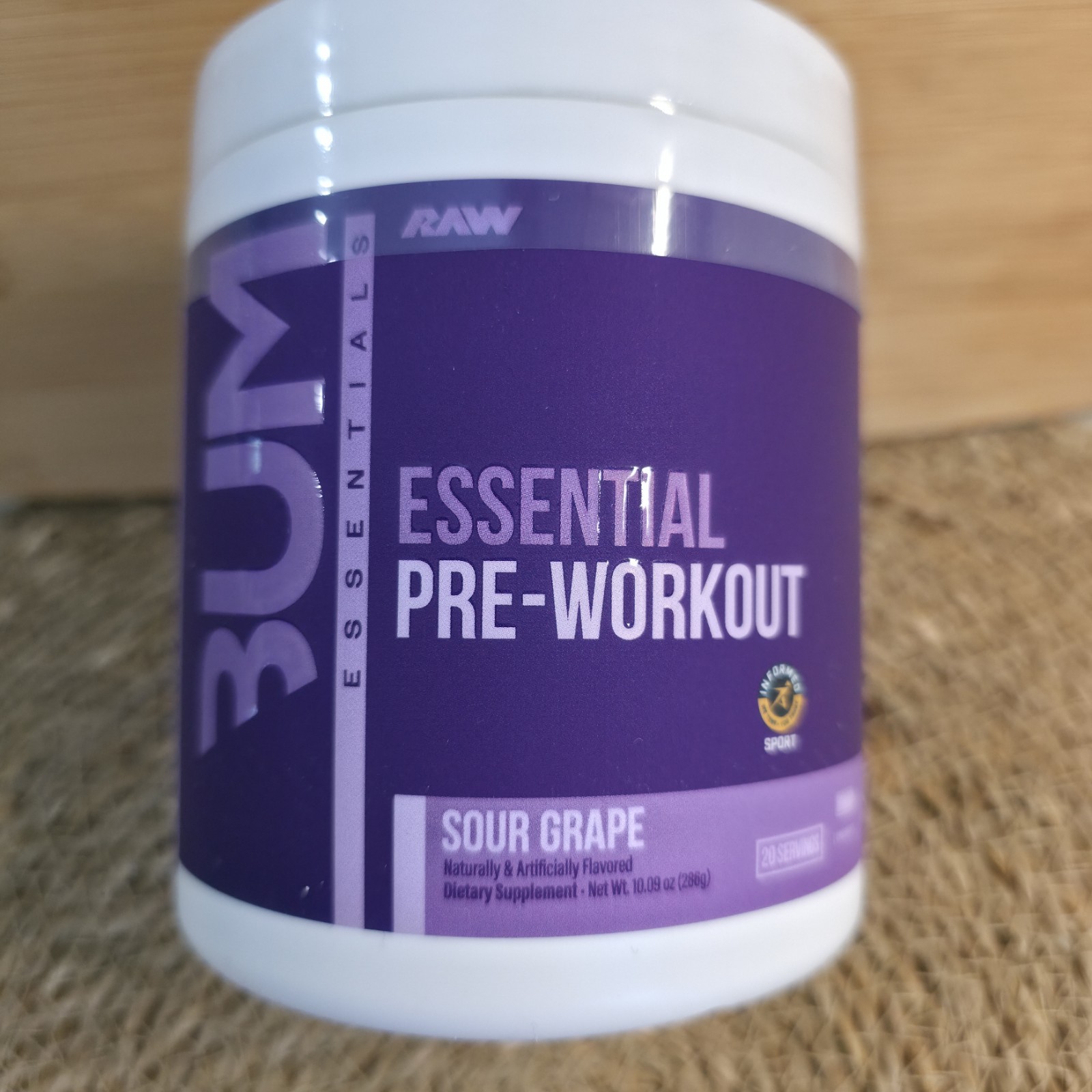 BUM ESSENTIALS RAW Pre Workout Sour Grape Energy Focus Endurance 20 Serving