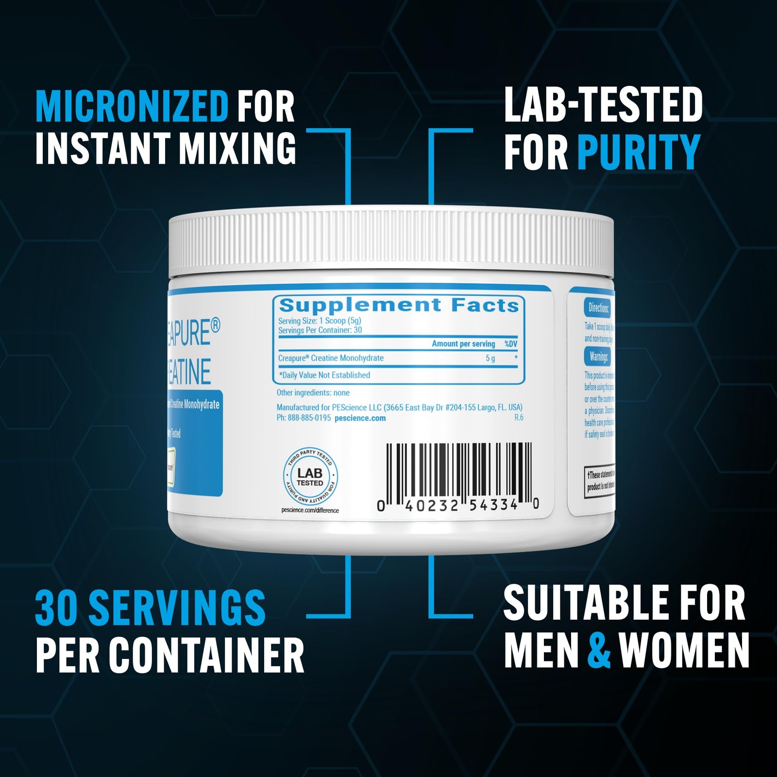 PEScience TruCreatine+ Creatine Monohydrate 30 Servings (Pack of 1), White