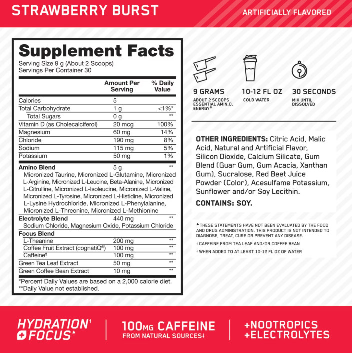 Optimum Nutrition Amino Energy Hydration + Focus Powder Strawberry Burst 9.5 Oz
