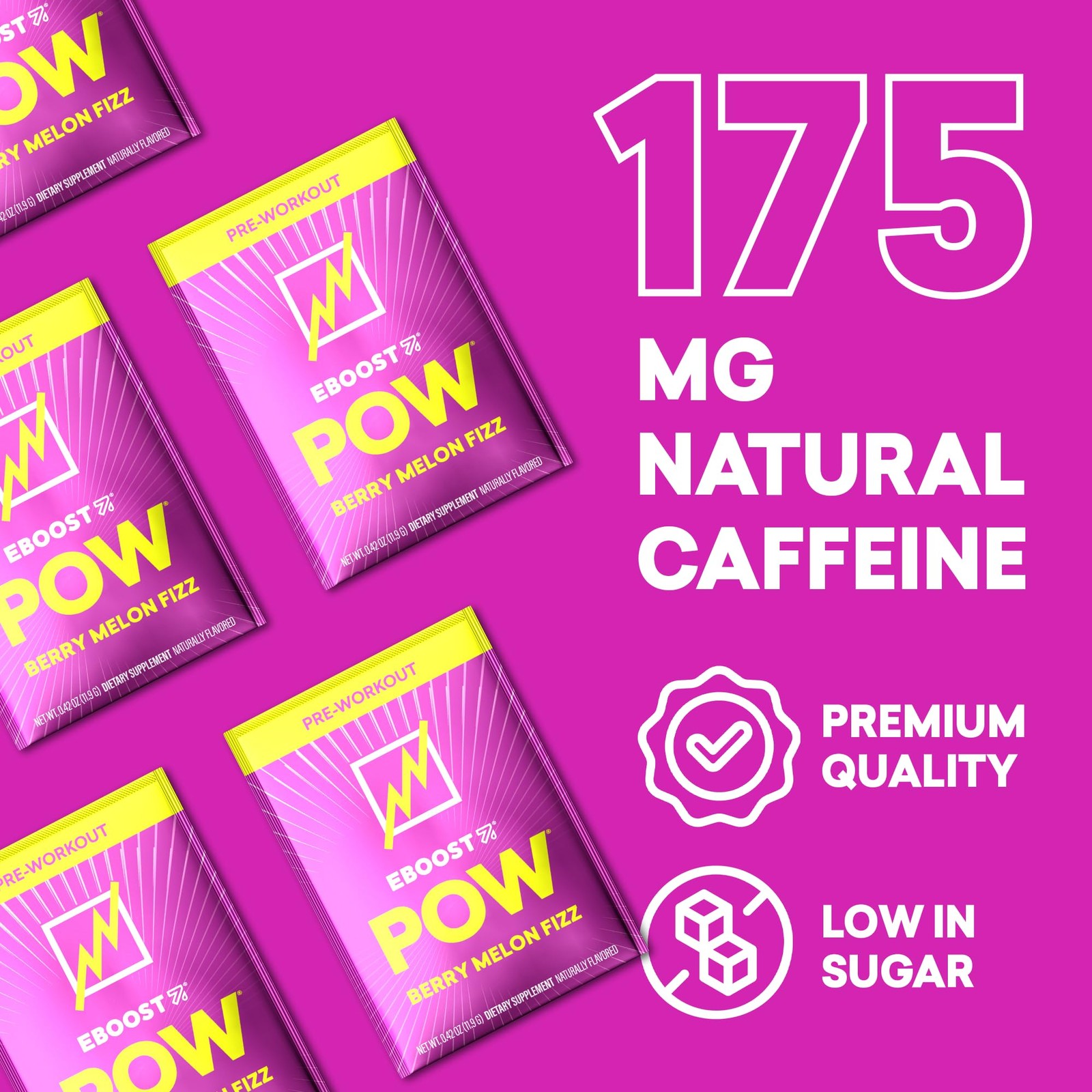 Eboost Pow Natural Pre Workout Powder – 15 Packets Berry Melon Fizz –