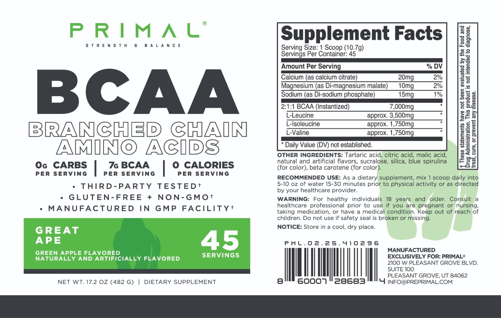 Primal BCAA Powder Great Ape (45 SERV) (Green Apple Flavored) – 0 g Carbs