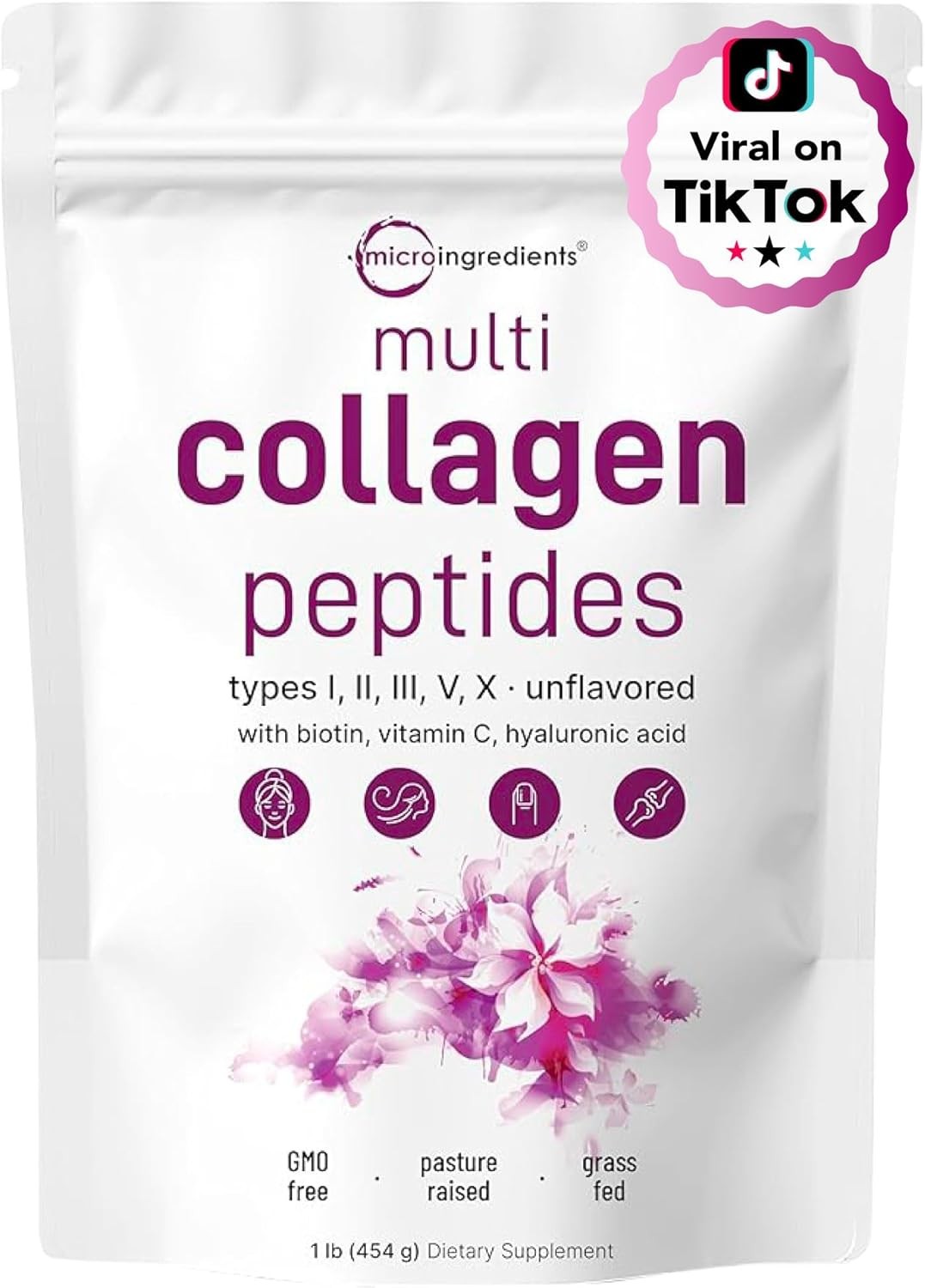 Micro Ingredients Multi Collagen Peptides Powder,1lb?CHydrolyzed Type I,II,III,V