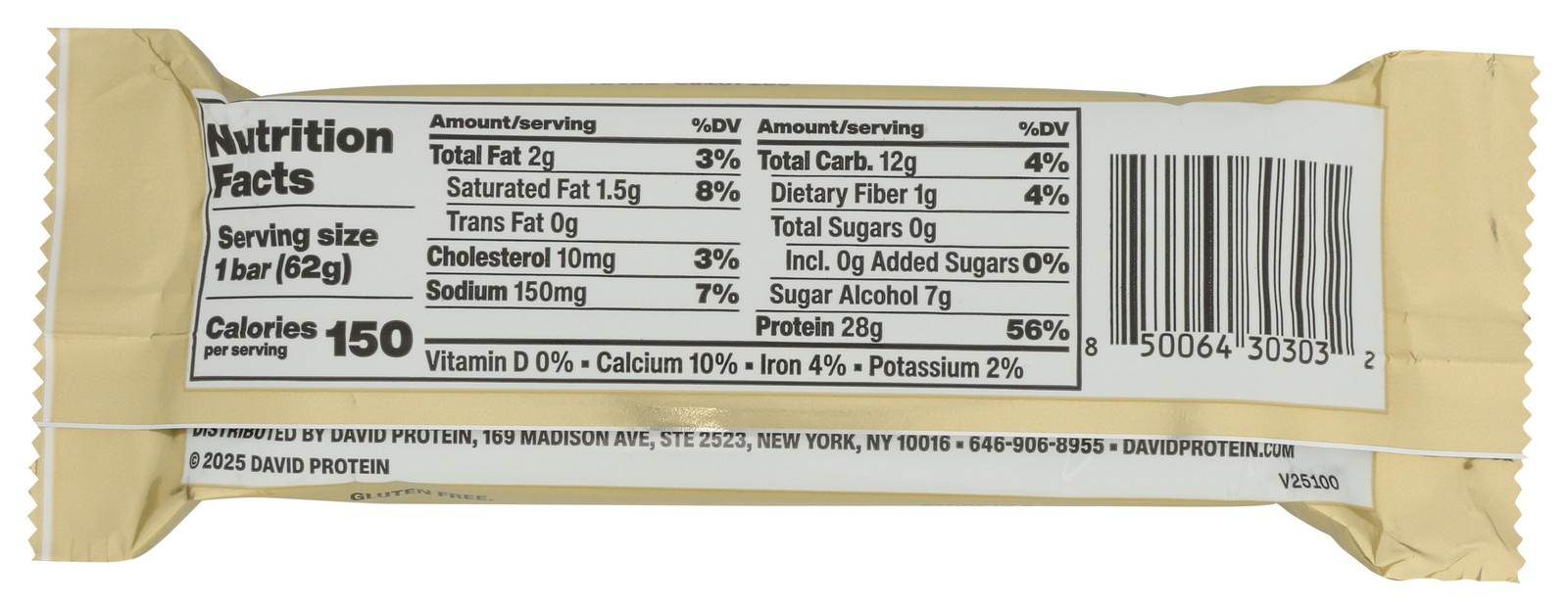 Fudge Brownie Protein Bar David 28G 150 Calories 0G 12 Pack