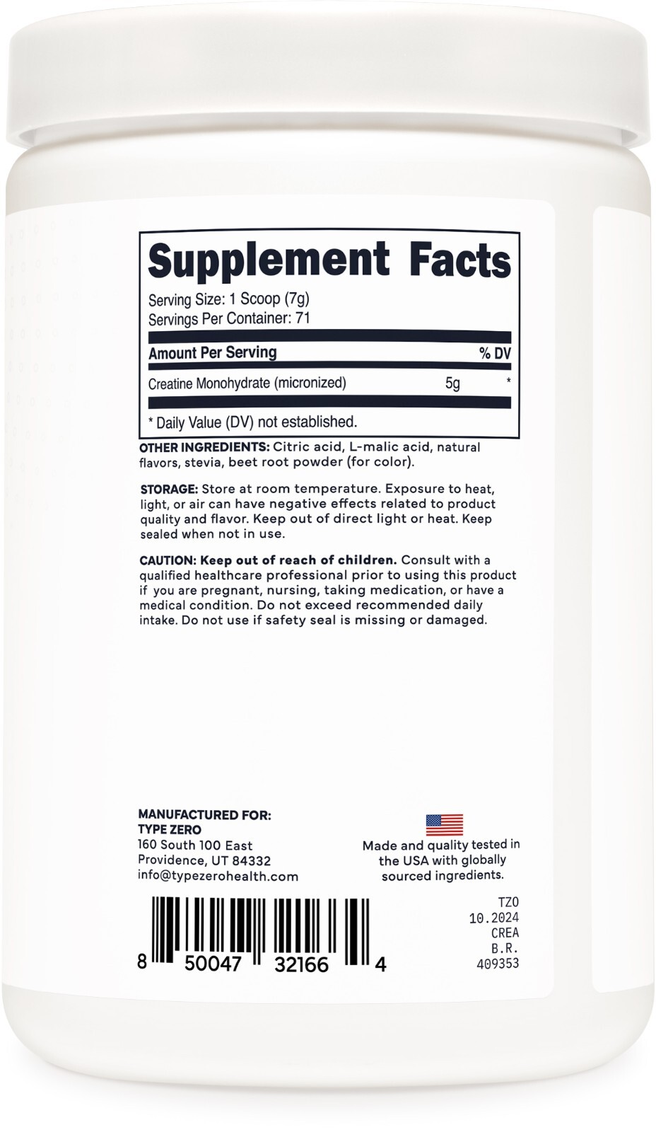 TypeZero Creatine Monohydrate Powder 500 Grams, Tropical Punch Flavored