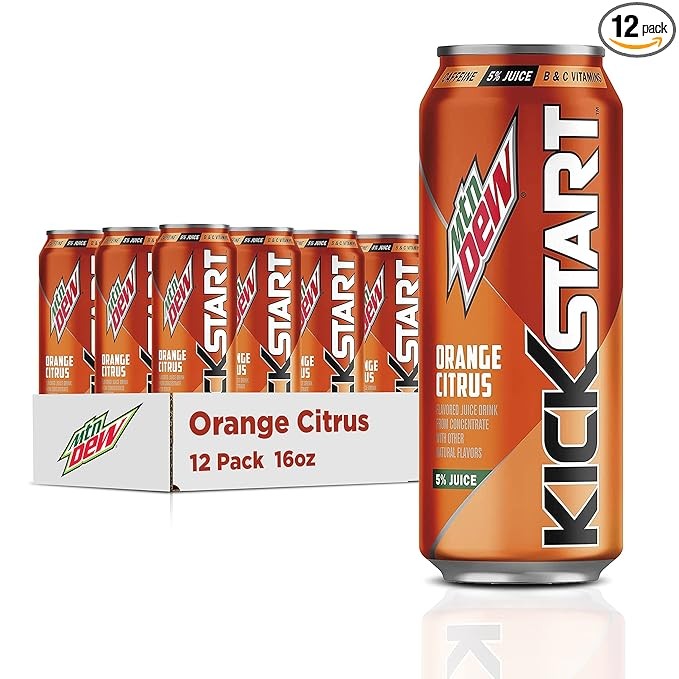 Mtn Dew Kickstart Energizing Orange Citrus Juice Drink Pack of 12 16oz Cans