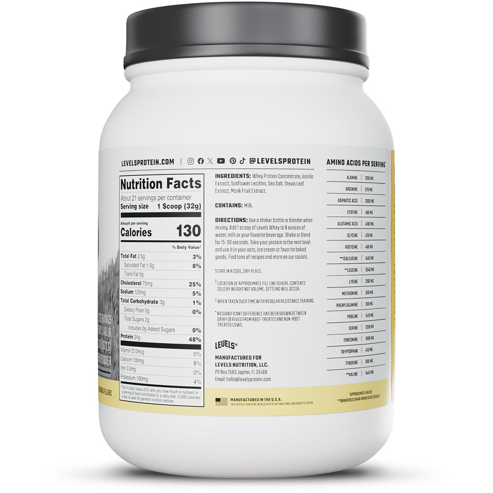 Levels Grass Fed Whey Protein, No Artificials, 24G Protein, Vanilla Bean, 1.48LB