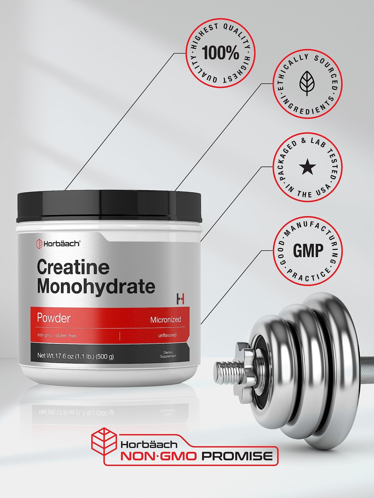 Horbäach Creatine Monohydrate Powder | 1.1lb (17.6 oz) 1.1 Pound (Pack of 1)