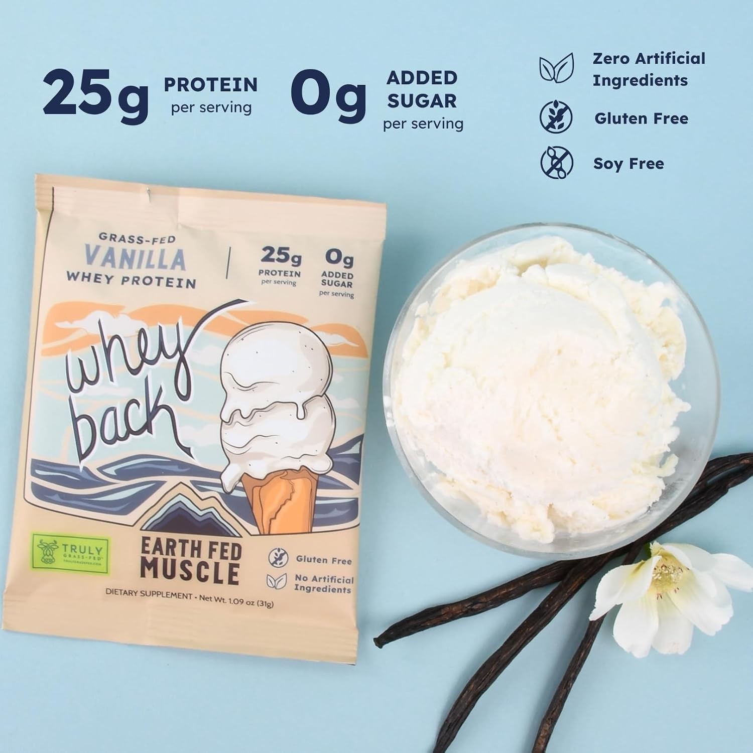 Natural Vanilla Whey Back Protein Isolate – 25g Grass-Fed Protein, Easy Mix, 1oz